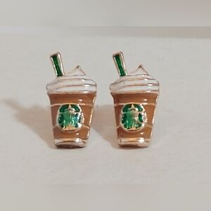 "Starbucks" look iced coffee cream foam enamel gold stud earrings brown/white